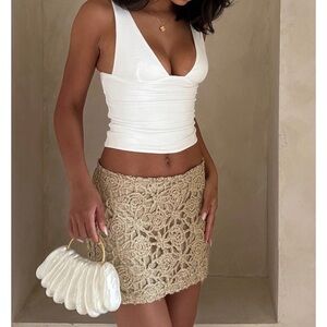 White fox boutique Do what I’m told Gold Lace Mini Skirt crochet XS